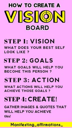 a pink poster with the words how to create a vision board in yellow and black