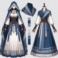 Midevil Dress Drawings, Water Themed Outfits Drawing, German Inspired Outfits, Fantasy Style Outfits, Fantasy Clothes Ideas, Simple Fantasy Outfits, Fantasy Outfit Reference, Female Dress Design, Blue Fantasy Outfit