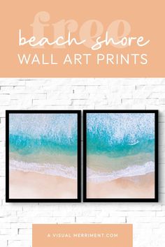 the beach shore wall art prints are displayed on a brick wall with text overlay