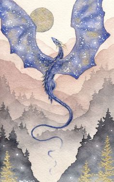 a watercolor painting of a blue dragon flying in the sky with mountains and trees behind it