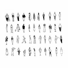 an image of people standing and sitting in the same direction, all drawn by hand