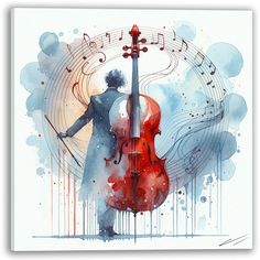 a watercolor painting of a man holding a violin in front of music notes and circles