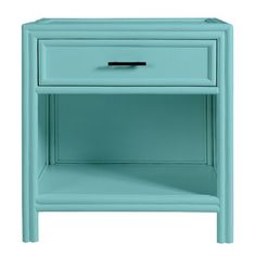 a light blue nightstand with one drawer open