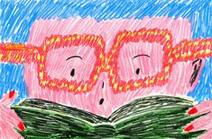 a child's drawing of an open book with two faces on top of it