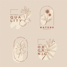 four logos for natural beauty products with leaves and flowers in the center, on a beige background