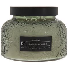 sage teawood large jar candle with black lid and white lace design on the front