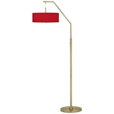 a floor lamp with a red shade on the base and a white light behind it