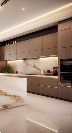 a modern kitchen with marble counter tops and cabinets