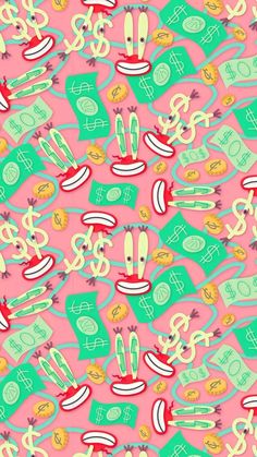 a pink background with green and red items on top of each other, including money