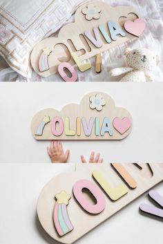 two wooden signs with the words collia and olliva written in different languages