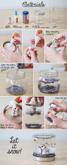 the instructions for how to make an adorable puppy in a jar with glitter and marshmallows