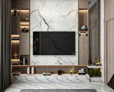 a modern living room with marble walls and shelves on either side of the tv screen