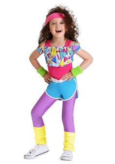 PRICES MAY VARY. Size: 4T COSTUME INCLUDES: This toddler girl's 80's Work It Out Costume is a bodacious retro outfit that's the perfect way for your child to experience the exercise craze of the 80s! The costume outfit comes with a pink leotard, a geometric print crop top, purple leggings, blue shorts, a pink headband, green wristbands, and yellow leg warmers. FROM FUN COSTUMES: Our goal is to help you have exciting and fun costume experiences! And with this throwback workout outfit for girls, y Retro Workout Outfit, 80s Dress Up, Retro Workout, 80's Costume, Toddler Costumes Girl, Moda Academia, Pink Leotard, 80s Fashion Trends, 80s Costume