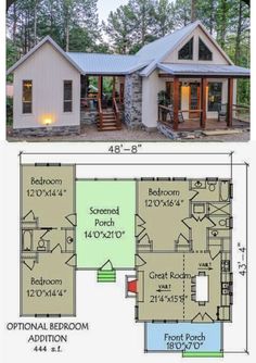 the floor plan for this small cabin is shown in two different colors and features an open living