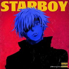 an image of a man with blue hair in front of a red background that says starboy