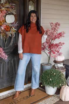 Copper ribbed knit short dolman sleeve mock neck top We are always happiest in the Thankful Season! Show up to your fun upcoming events in this adorable copper sweater. Featuring a mock neck and short dolman sleeves. Shop the look: Layering Sheer Top | Jeans | Boots Relaxed, boxy fit Model is 5'3"wearing a small Fabric contains stretch Mock neck Short dolman sleeves Side slits Unlined, non-sheer, mid-weight ribbed knit fabric Small length: 22" from top of shoulder to bottom hem in front 50% Visc Short Sleeve Sweater Outfit, Copper Sweater, Outfits Layering, Cute Mom Outfits, Layering Tops, Top Jeans, Cami Maxi Dress, Jeans Boots, Ribbed Knit Fabric