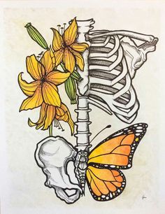 a drawing of a skeleton and flowers