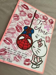 a drawing of a spiderman hanging from a hook with lipstick on it's lips