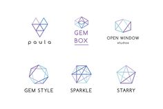 six geometric logos with the words gen style, sparkle, stary and open window