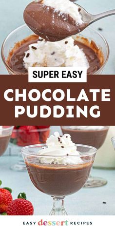 chocolate pudding with whipped cream and chocolate sauce in a glass bowl on a blue table