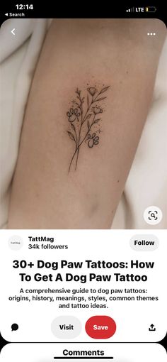 a small flower tattoo on the back of a woman's arm, which reads 30 + dog paw tattoos how to get a dog paw tattoo