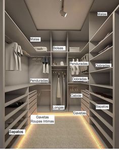 a walk in closet with lots of shelves and drawers