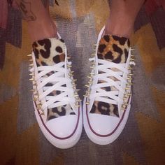 Leopard Print Converse Shoes Spiked - Etsy Gold Converse Outfit, Leopard Print Converse, Gold Converse, Chuck Taylor Shoes, Converse Outfit, Diy Sneakers, Leopard Print Shoes, Shoes Outfit Fashion, Bling Shoes