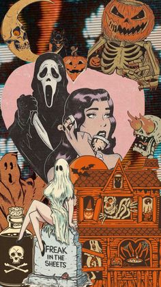 a collage of halloween images with ghost, pumpkins, and skeletons in the background