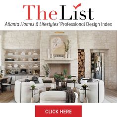 the list magazine cover with white furniture and fireplace in living room, dining area, and kitchen