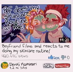 an ad with two cartoon characters on the front and back of it that says boyfriend friends and reacts to me doing my skincare routine