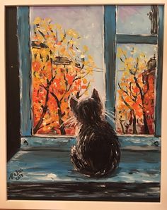 a painting of a cat sitting on a window sill looking out at autumn trees