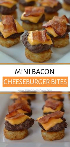 mini bacon cheeseburger bites are displayed on a white platter with text overlay