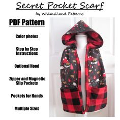 a red and black plaid scarf hanging on a white door with instructions to sew it