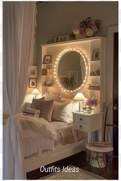 a bedroom with a bed, mirror and lights on the wall next to a table