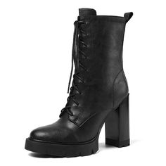 Indulge in the luxurious, winter-ready charm of these women's boots, meticulously crafted from superior cow leather with a distinct round toe design. The lace-up closure ensures a secure fit, while the pigskin insole and lining, along with the rubber outsole, deliver unmatched comfort and durability. Elevated by a chic platform and heel, these boots bring an undeniable sophistication to your cold-weather wardrobe. Why wait? Step into luxury today and elevate your style with these timeless boots. High Heel Combat Boots, Heel Combat Boots, Timeless Boots, Winter Footwear, Platform High Heel Shoes, Chunky High Heels, Thick Heel, Platform High Heels, Black Leather Boots