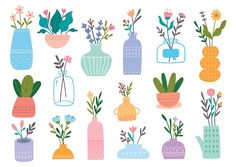 various vases with flowers and plants in them