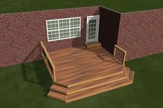 a 3d rendering of a deck with steps and windows