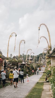 many people are walking down the sidewalk in front of some buildings and trees with flowers on them