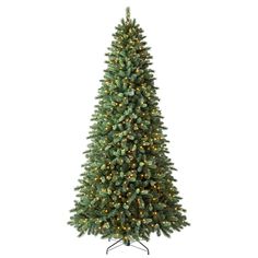 a green christmas tree with lights on it's branches and the top half turned down