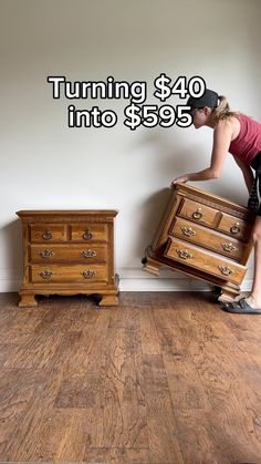 a woman holding two pieces of furniture with the words turning $ 40 into $ 595