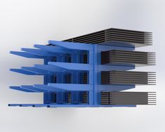 an architectural model of a building with blue and black sections on the side, against a white background