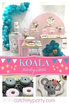 Take a look at this cute koala themed birthday party! The dessert table  is gorgeous! See more party ideas and share yours at CatchMyParty.com #catchmyparty #paryideas #koalaparty  #girlbirthdayparty Koala Party Ideas, Koala Birthday Party Ideas, Koala Party, Koala 1st Birthday Party, Koala Themed Birthday Party, Koala First Birthday, Koala Bear Themed Party, Koala Birthday Party Decorations, 1st Birthday Koala Theme