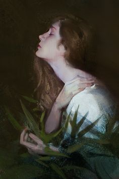 a painting of a woman with her eyes closed and hands on her chest, holding leaves