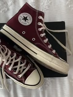 Dark Red High Top Converse, Vision Board Red Aesthetic, Wine Red Converse, Dark Red Converse Outfit, Dark Red Vibes, Downtown Girl Shoes, Cherry Converse, Dark Red Converse