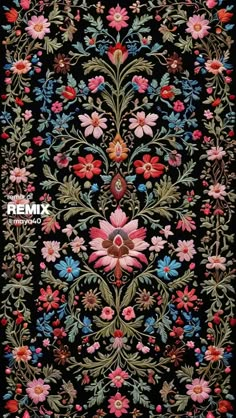 a black background with pink, blue and red flowers on the bottom right corner is an ornate border