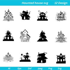 the silhouettes of halloween houses are shown in black and white, with blue trim