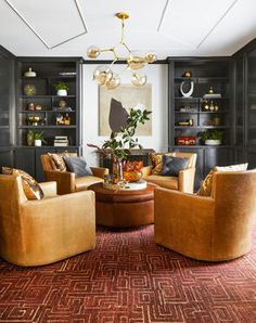 a living room filled with lots of furniture and bookshelves on top of shelves