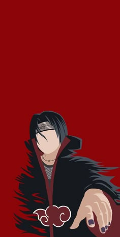 an anime character with black hair pointing at something in his hand, on a red background