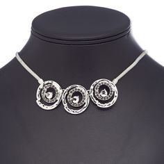 Ready-to-wear jewelry is great for counter sales or giving as a gift. Silver-plated brass, steel and "pewter" (zinc-based alloy) necklace features three round focals with black and clear rhinestones. Nickel-free White Gold Circular Jewelry, Nickel-free Silver Stainless Steel Jewelry, Nickel Free Round Alloy Necklace, Nickel-free Round Alloy Necklace, Silver Necklace With Bling For Gift, Silver Bling Necklace For Gift, Elegant Silver Circle Necklace, Silver Alloy Rhinestone Necklace, Silver Rhinestone Necklace In Alloy