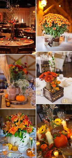 four different pictures of flowers in vases and plates on the table at a wedding reception